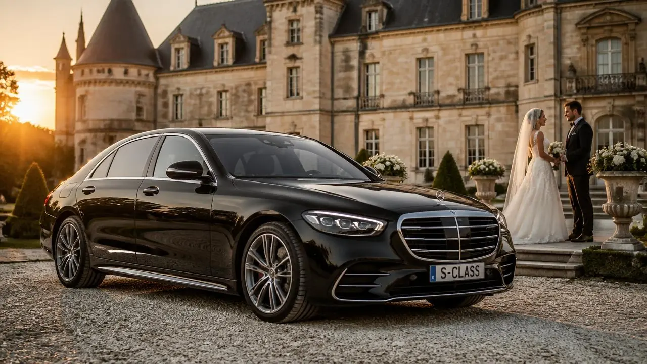 Mariés montant dans une navette de prestige devant un château